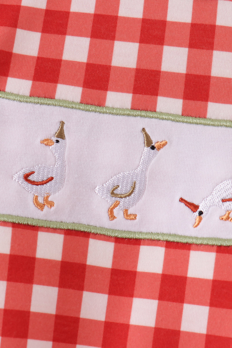 Red goose embroidery gingham romper - Aaria Tees Aaria Tees