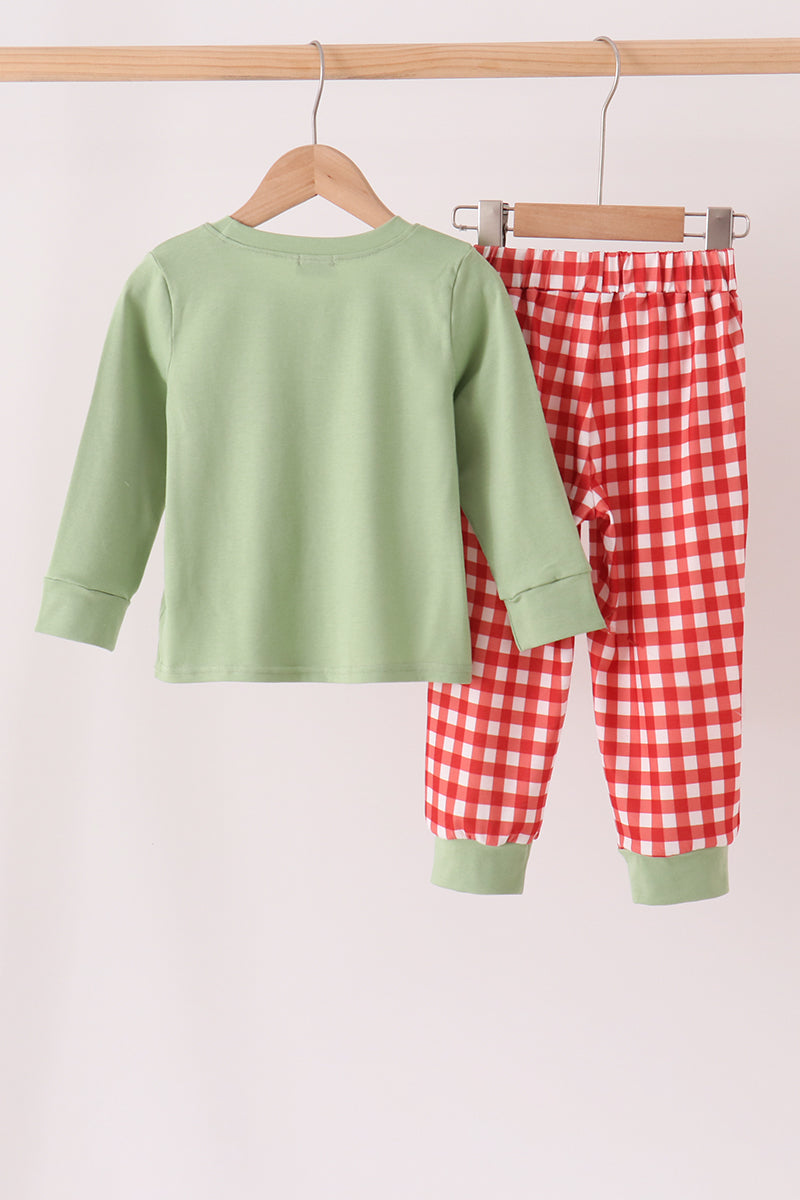 Sage goose embroidery gingham pants set - Aaria Tees Aaria Tees