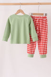 Sage goose embroidery gingham pants set - Aaria Tees Aaria Tees