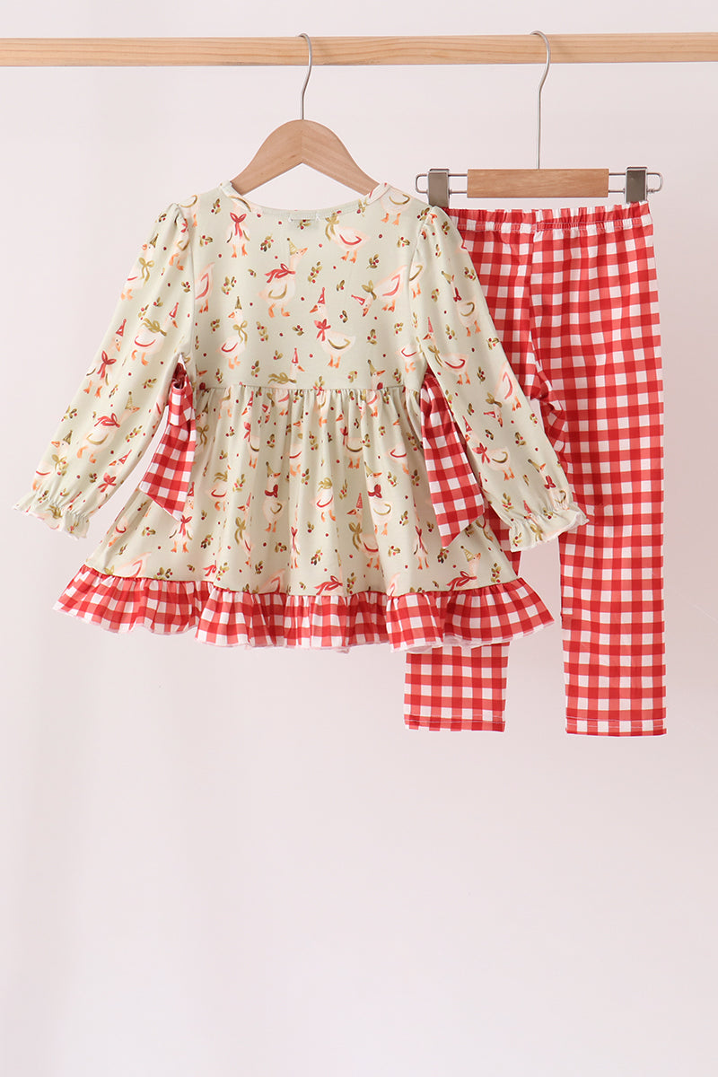 Goose embroidery ruffle gingham pants set - Aaria Tees Aaria Tees