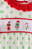Green grinch embroidery ruffle dot romper Aaria Tees