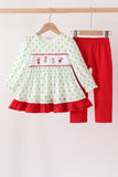 Green dot grinch embroidery ruffle pants set Aaria Tees