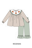 Brown turkey embroidery gingham ruffle pants set Aaria Tees