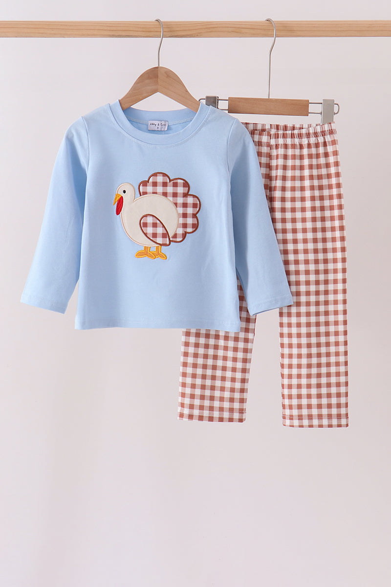 Blue turkey applique gingham pants set - Aaria Tees