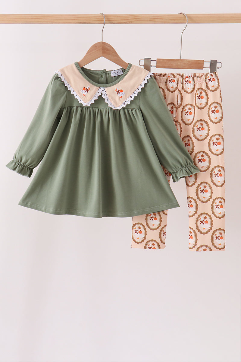Green goose pumpkin embroidery pants set - Aaria Tees Aaria Tees