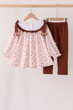 Brown touchdown football embroidery ruffle pants set Aaria Tees