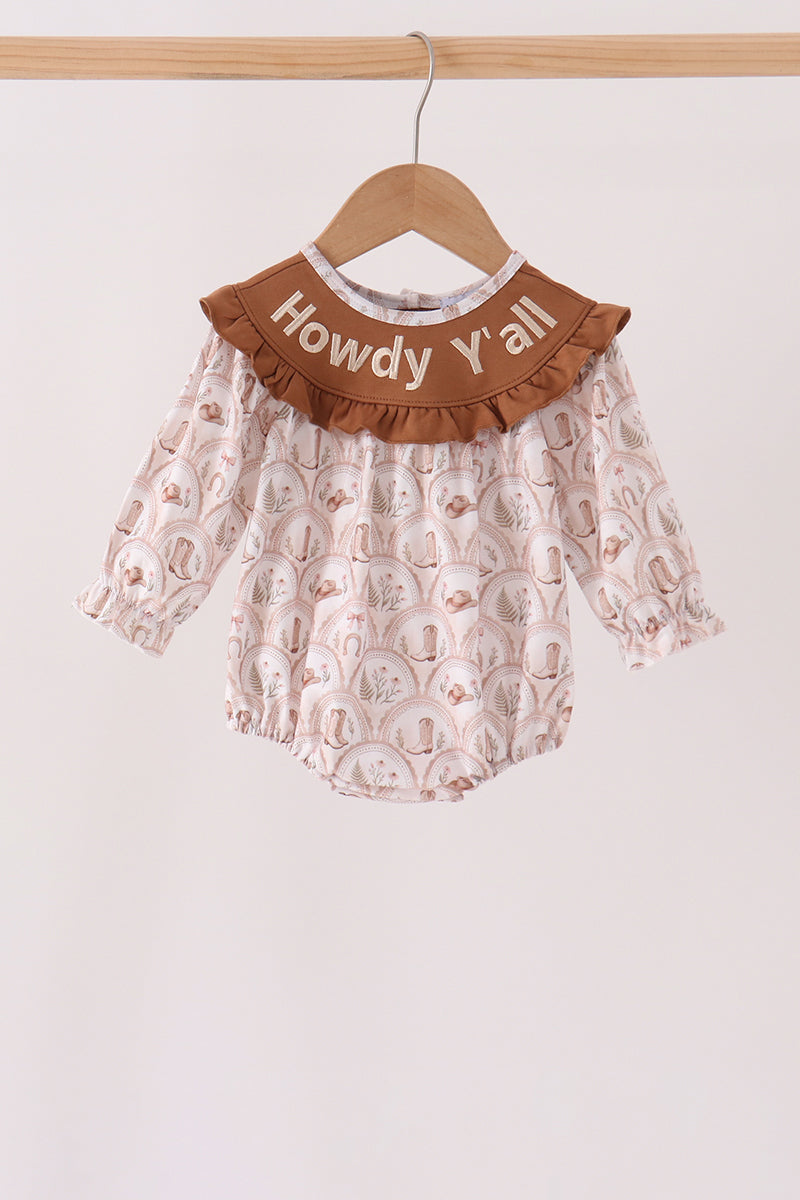 Brown Howdy Y'ALL embroidery ruffle bubble - Aaria Tees Aaria Tees