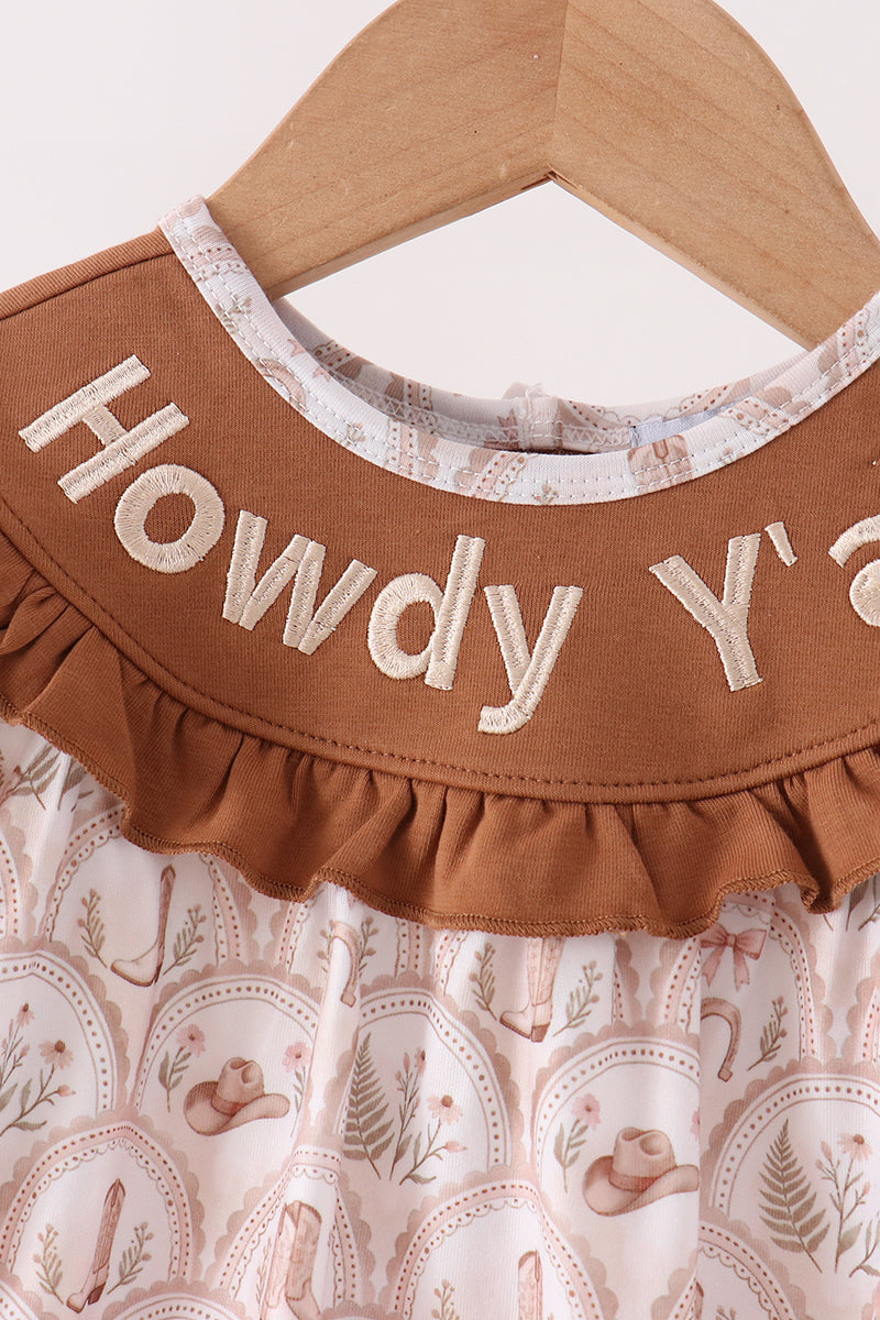 Brown Howdy Y'ALL embroidery ruffle bubble - Aaria Tees Aaria Tees
