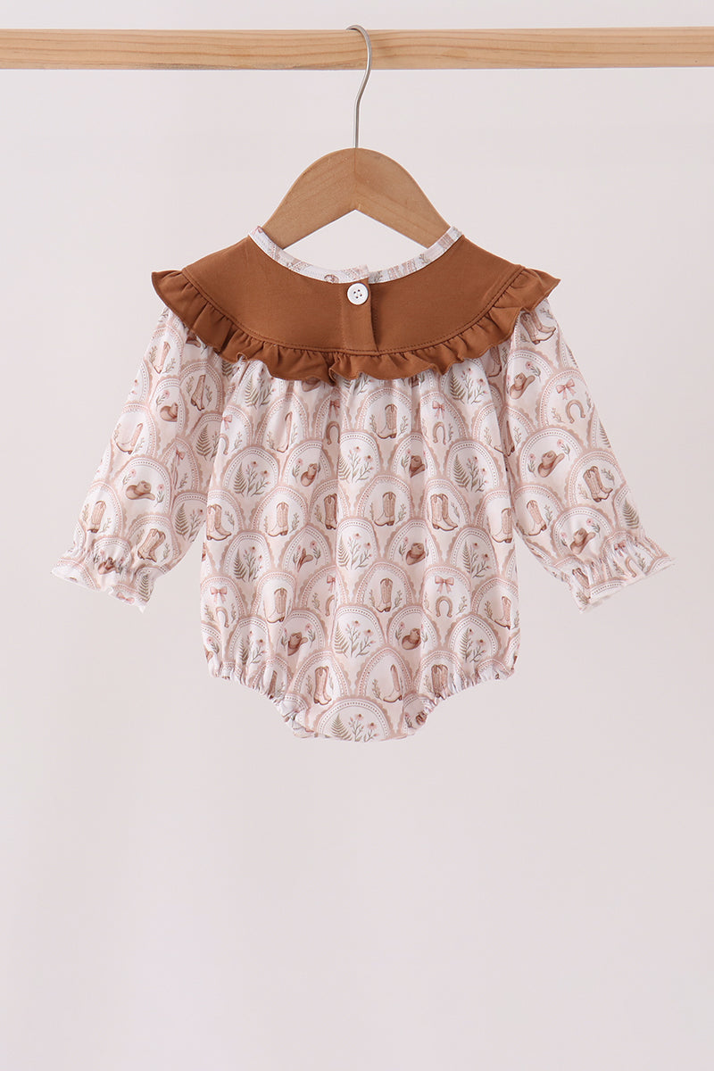 Brown Howdy Y'ALL embroidery ruffle bubble - Aaria Tees Aaria Tees