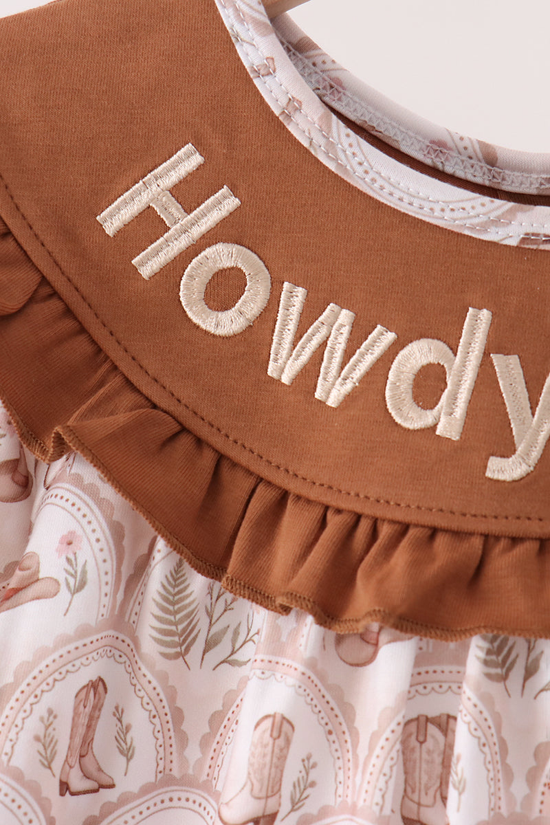 Brown Howdy Y'ALL embroidery ruffle dress - Aaria Tees Aaria Tees