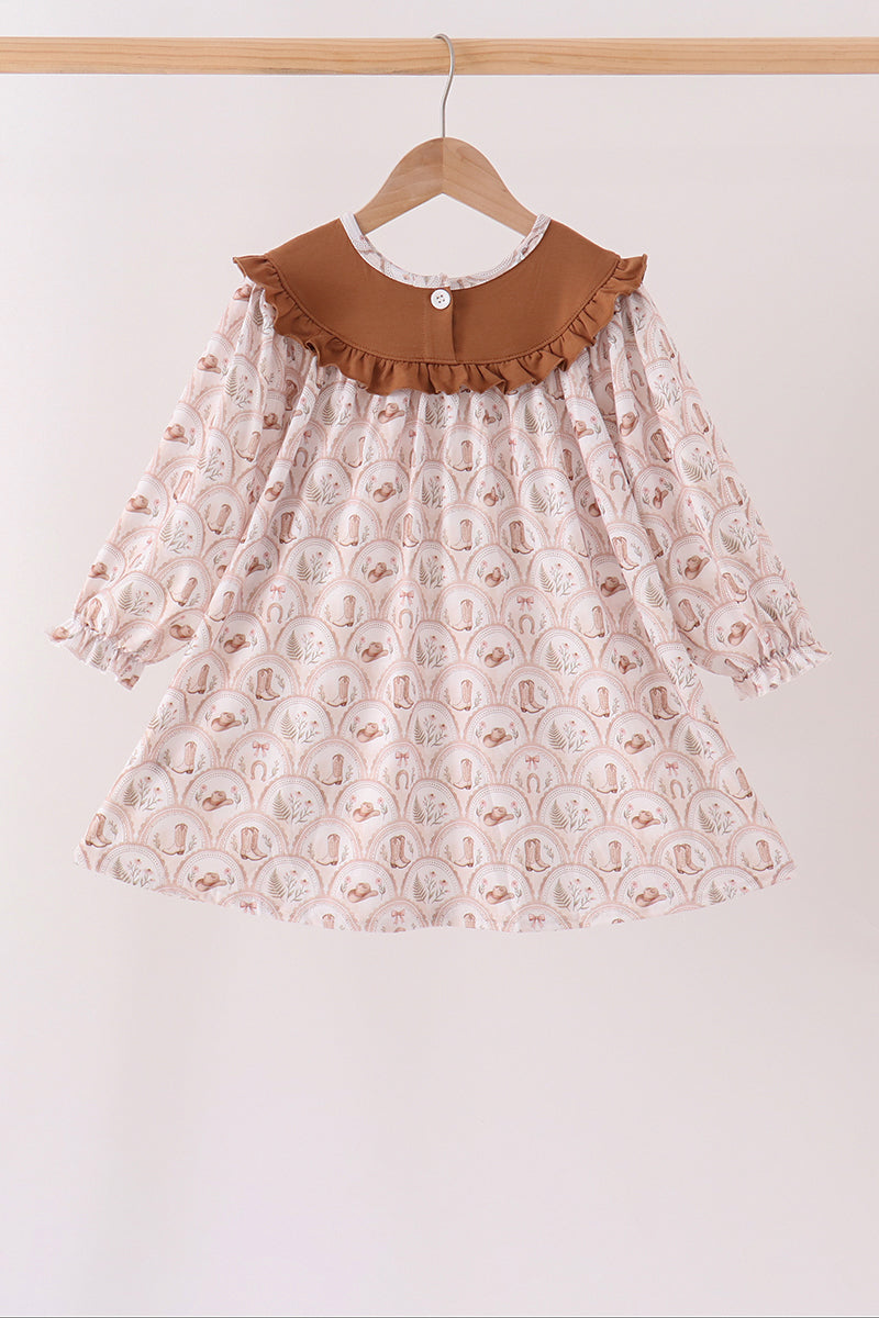 Brown Howdy Y'ALL embroidery ruffle dress - Aaria Tees Aaria Tees