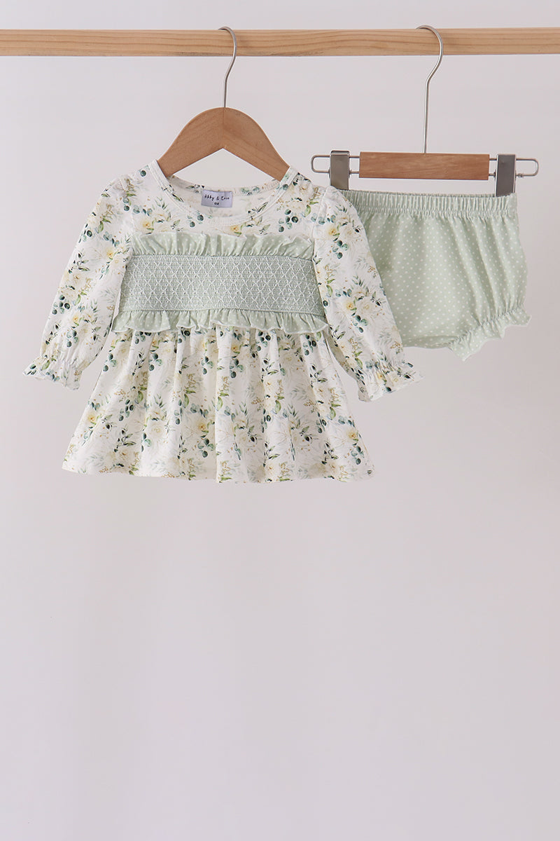 Sage floral smocked ruffle bloomer set - Aaria Tees
