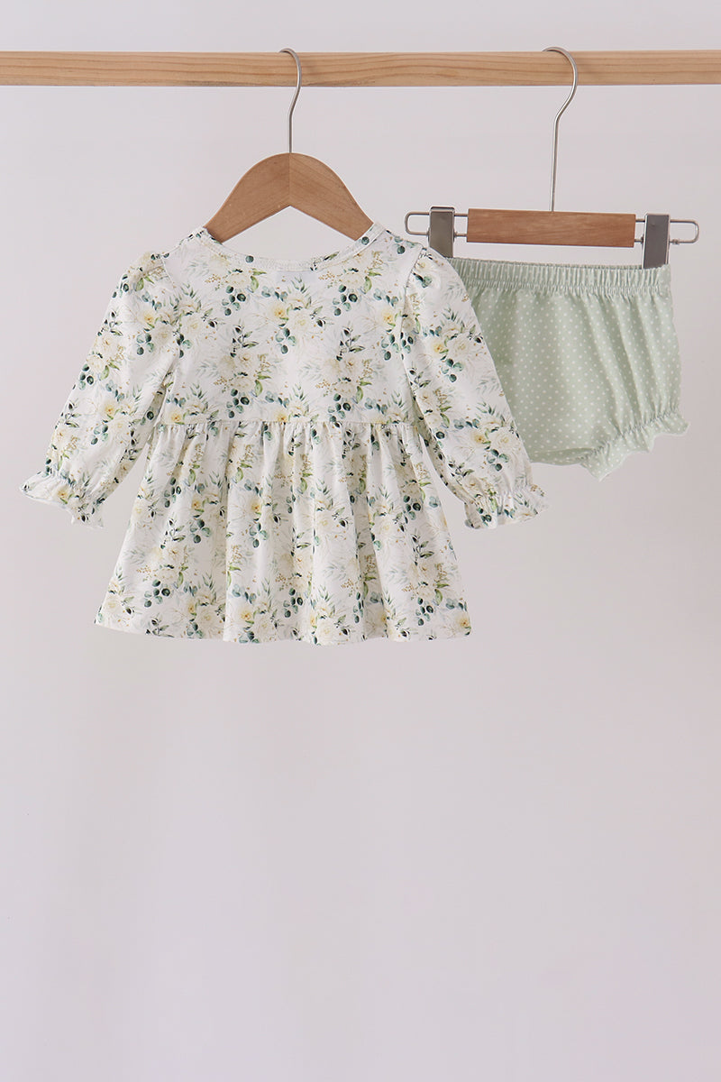 Sage floral smocked ruffle bloomer set - Aaria Tees Aaria Tees