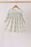 Sage floral smocked ruffle dress Aaria Tees
