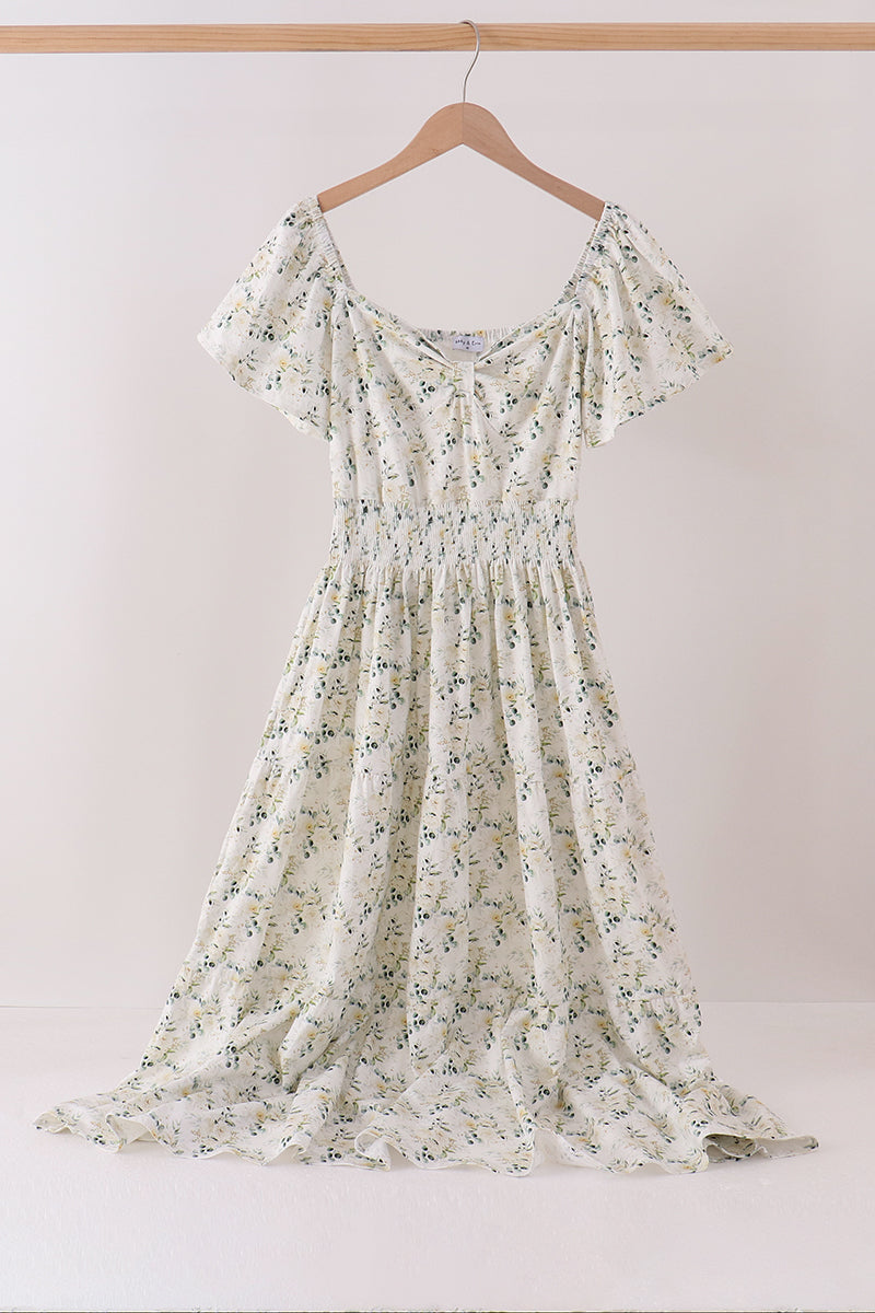 Sage floral smocked tiered mom dress - Aaria Tees