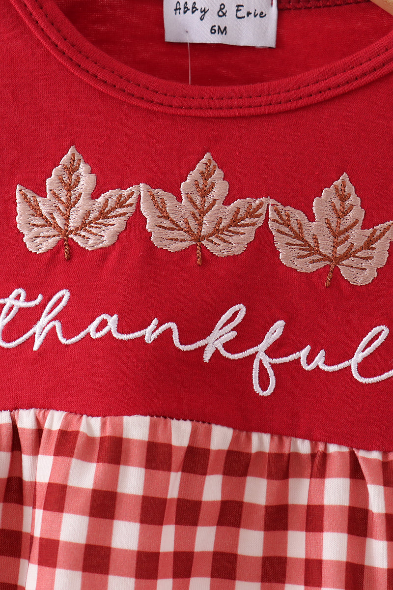 Maroon thankful leaves embroidey gingham bubble - Aaria Tees Aaria Tees