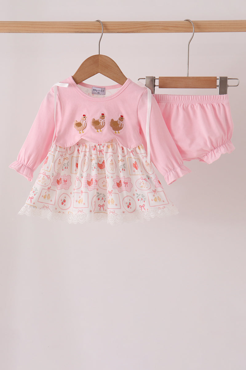 Pink chicken embroidery bloomer set - Aaria Tees