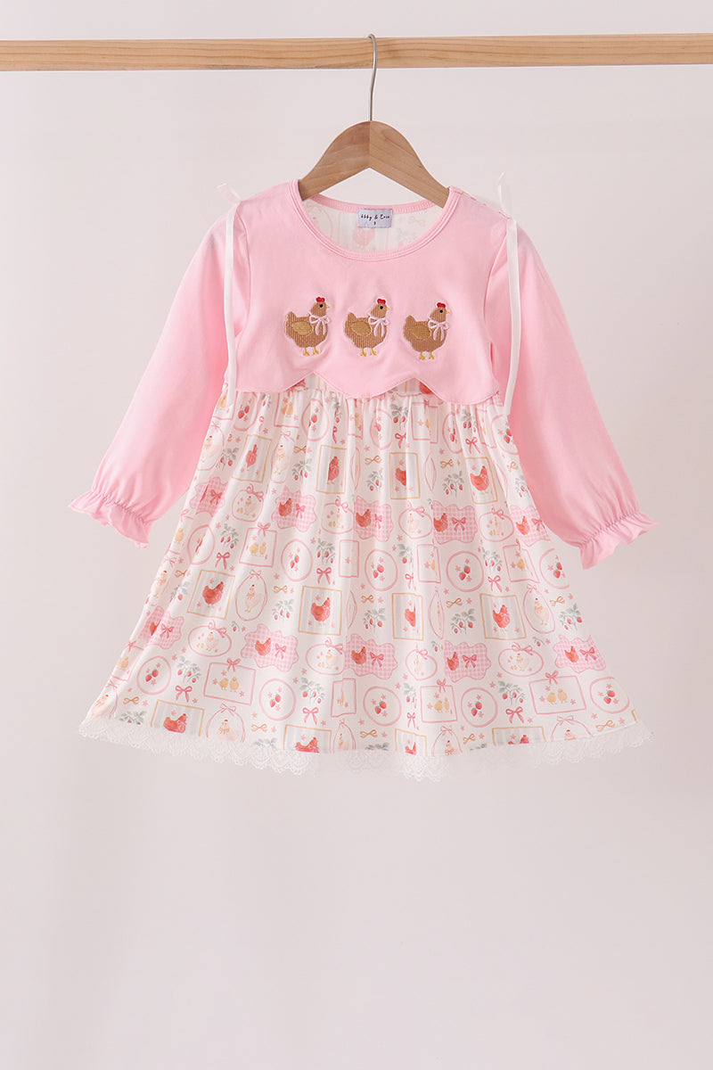 Pink chicken embroidery dress - Aaria Tees Aaria Tees