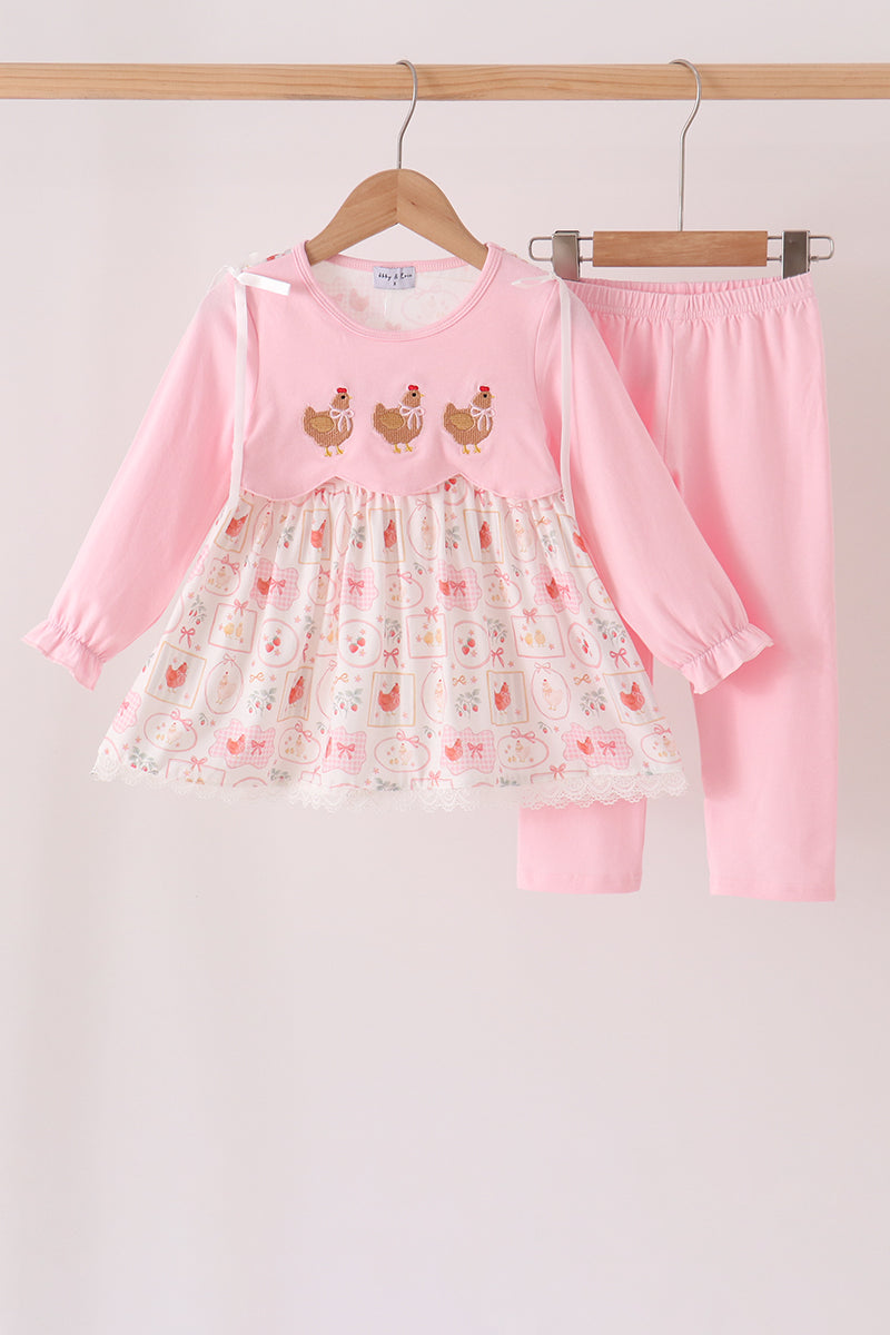 Pink chicken embroidery pants set - Aaria Tees