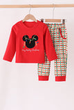 Red christmas character applique gingham pants set Aaria Tees