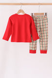 Red christmas character applique gingham pants set Aaria Tees