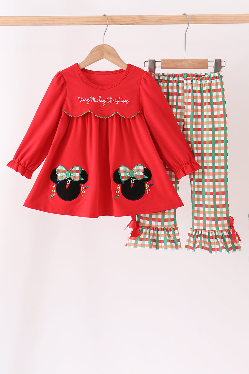Red christmas character applique gingham ruffle pants set - Aaria Tees Aaria Tees