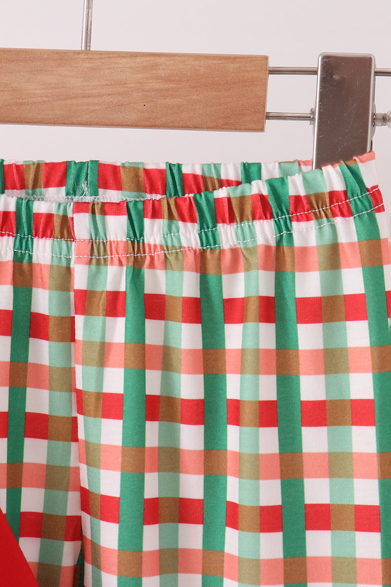 Red christmas character applique gingham ruffle pants set - Aaria Tees Aaria Tees