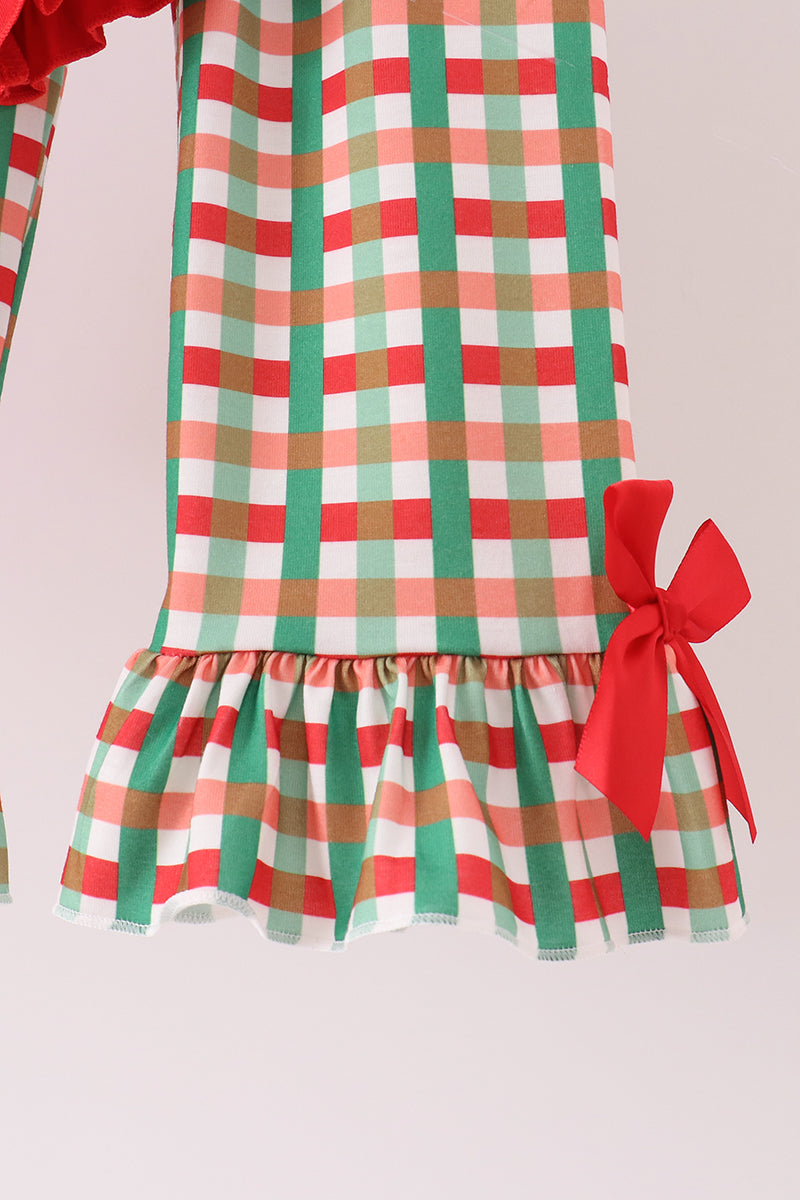 Red christmas character applique gingham ruffle pants set - Aaria Tees Aaria Tees