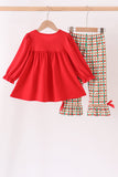 Red christmas character applique gingham ruffle pants set - Aaria Tees Aaria Tees