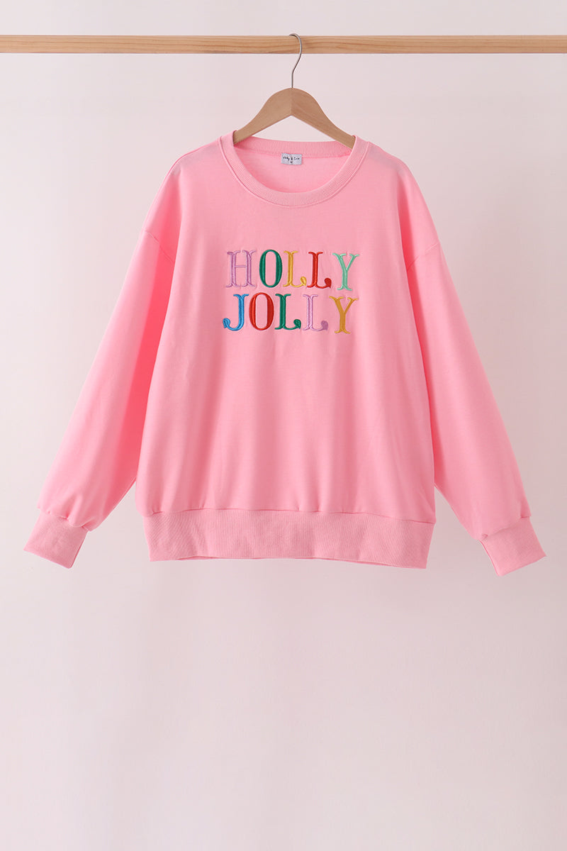 Pink Holly Jolly Embroidery Mom Top - Aaria Tees Aaria Tees