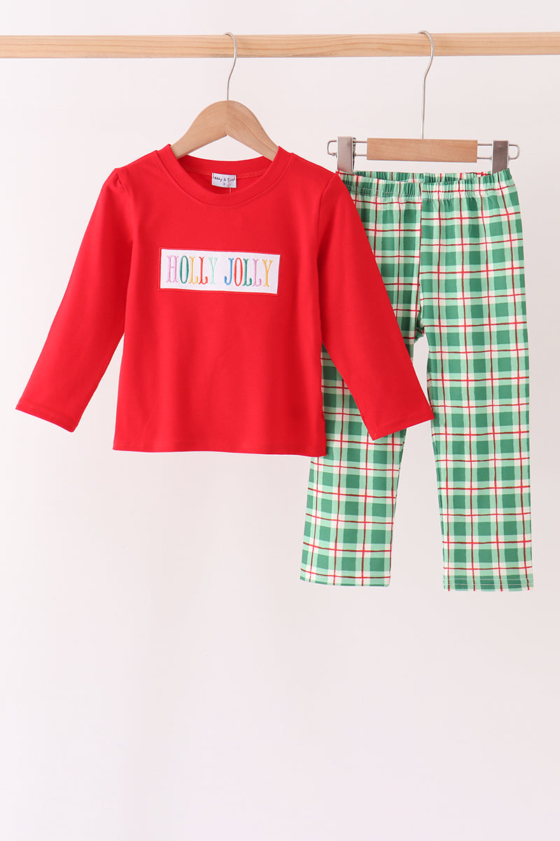 Red Holly Jolly Embroidery Plaid Pants Set - Aaria Tees Aaria Tees