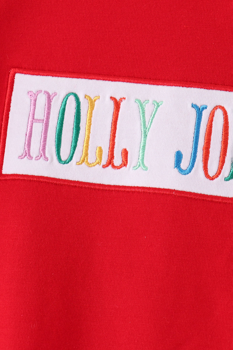 Red Holly Jolly Embroidery Plaid Pants Set - Aaria Tees Aaria Tees