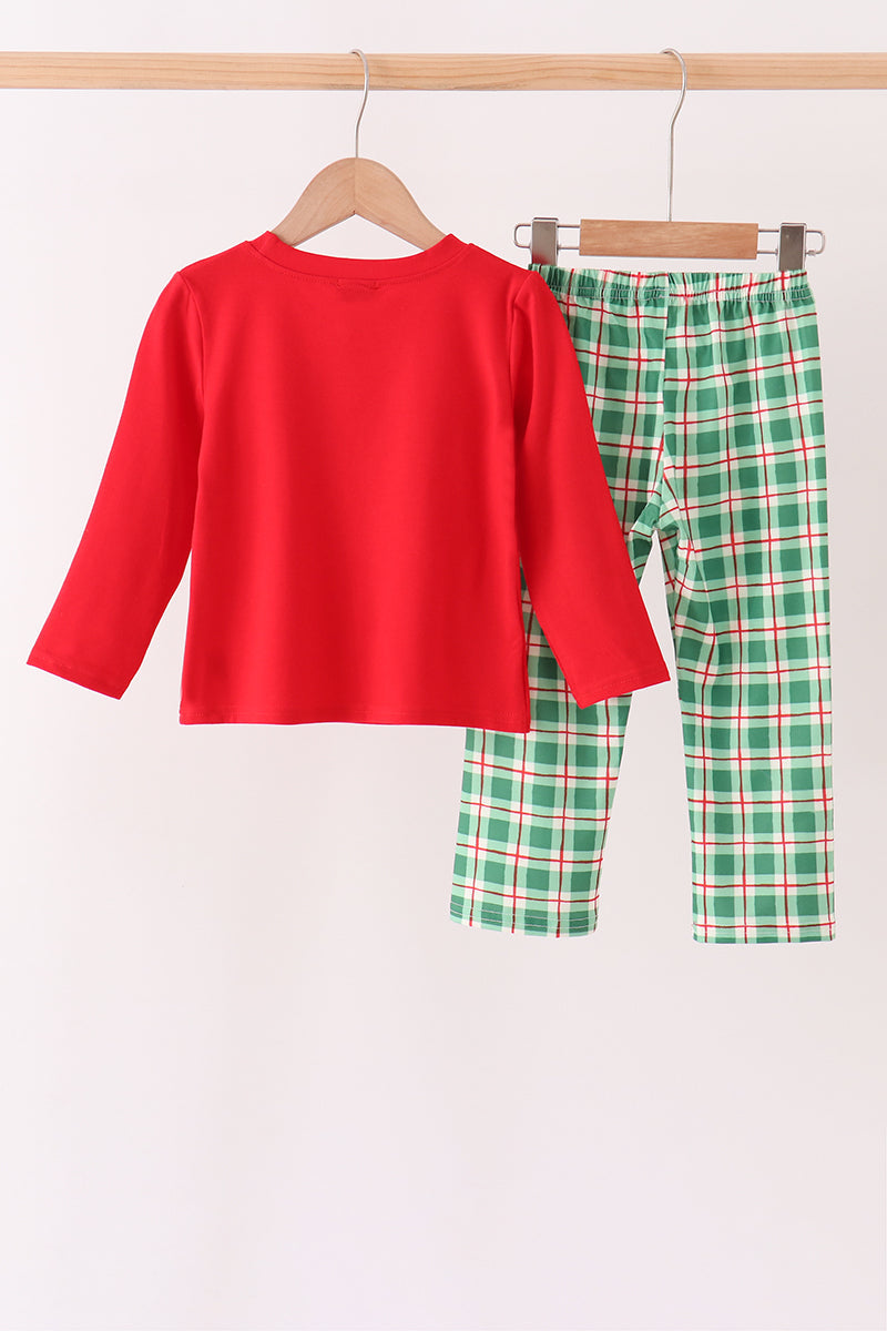Red Holly Jolly Embroidery Plaid Pants Set - Aaria Tees Aaria Tees