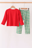 Red Holly Jolly Embroidery Plaid Pants Set - Aaria Tees Aaria Tees