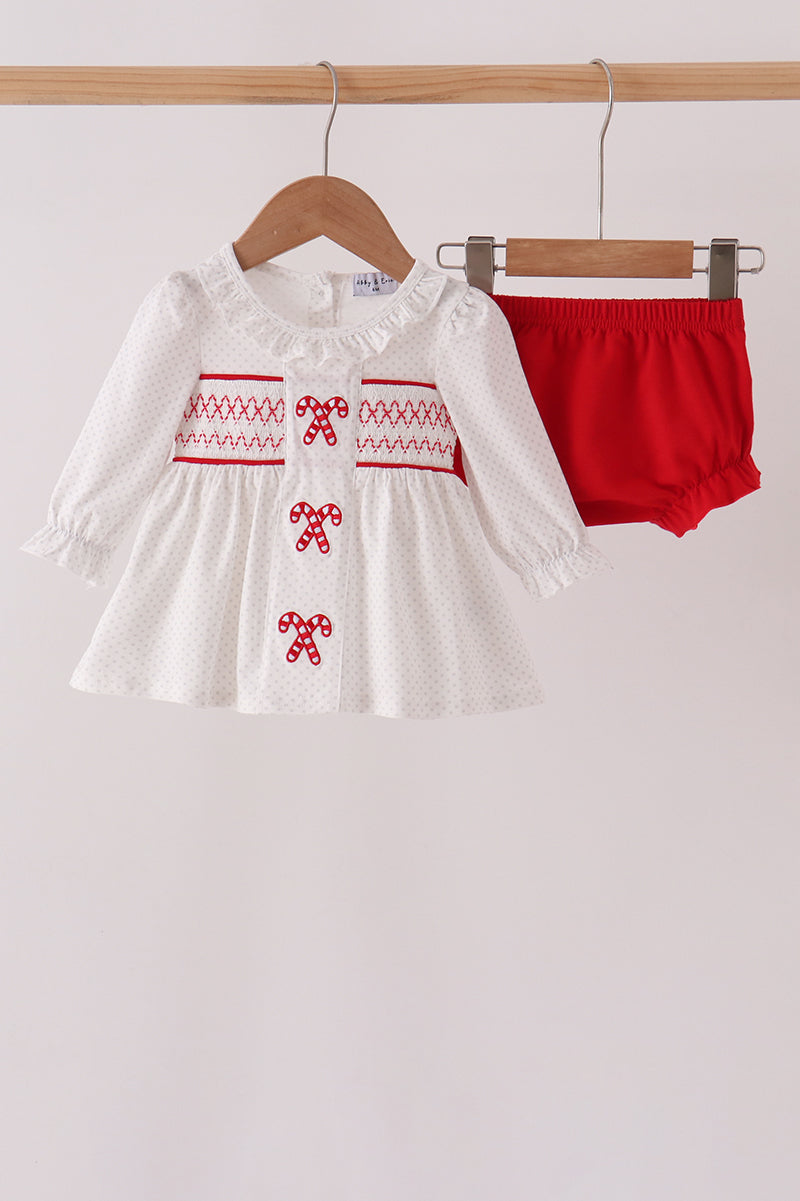 White Candy Cane Smocked polka dot Bloomer Set - Aaria Tees