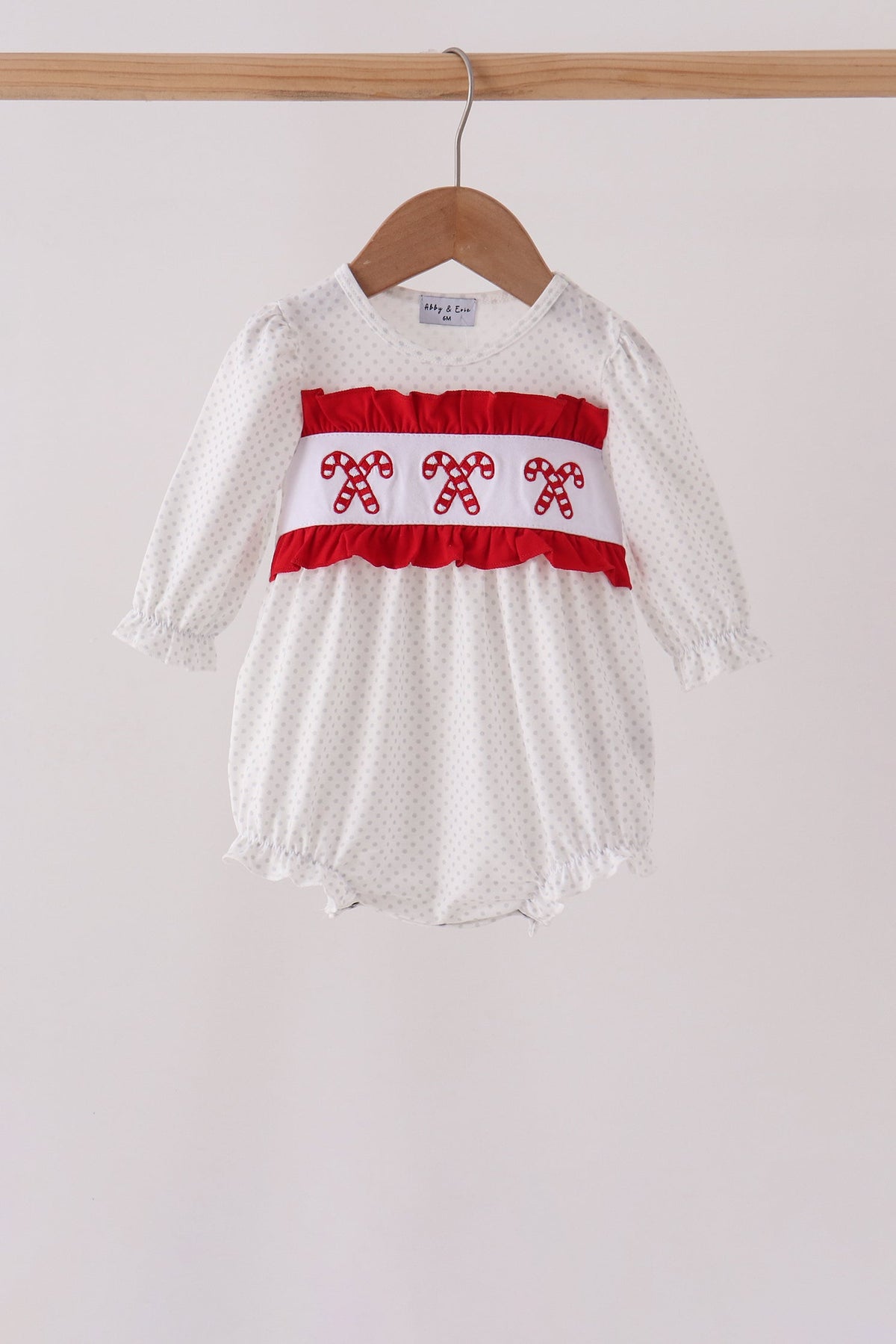 White Candy Cane Smocked polka dot Bubble - Aaria Tees