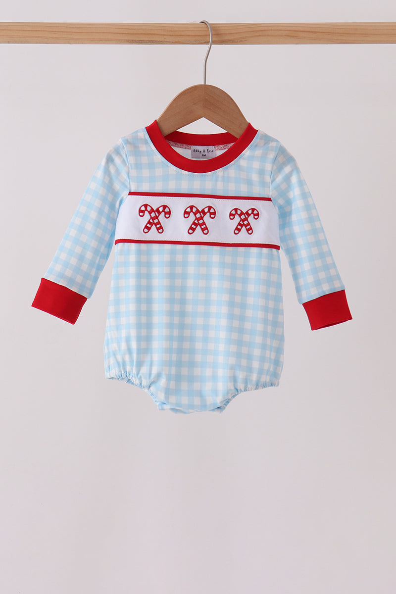 Blue Candy Cane Embroidery Gingham Bubble - Aaria Tees Aaria Tees