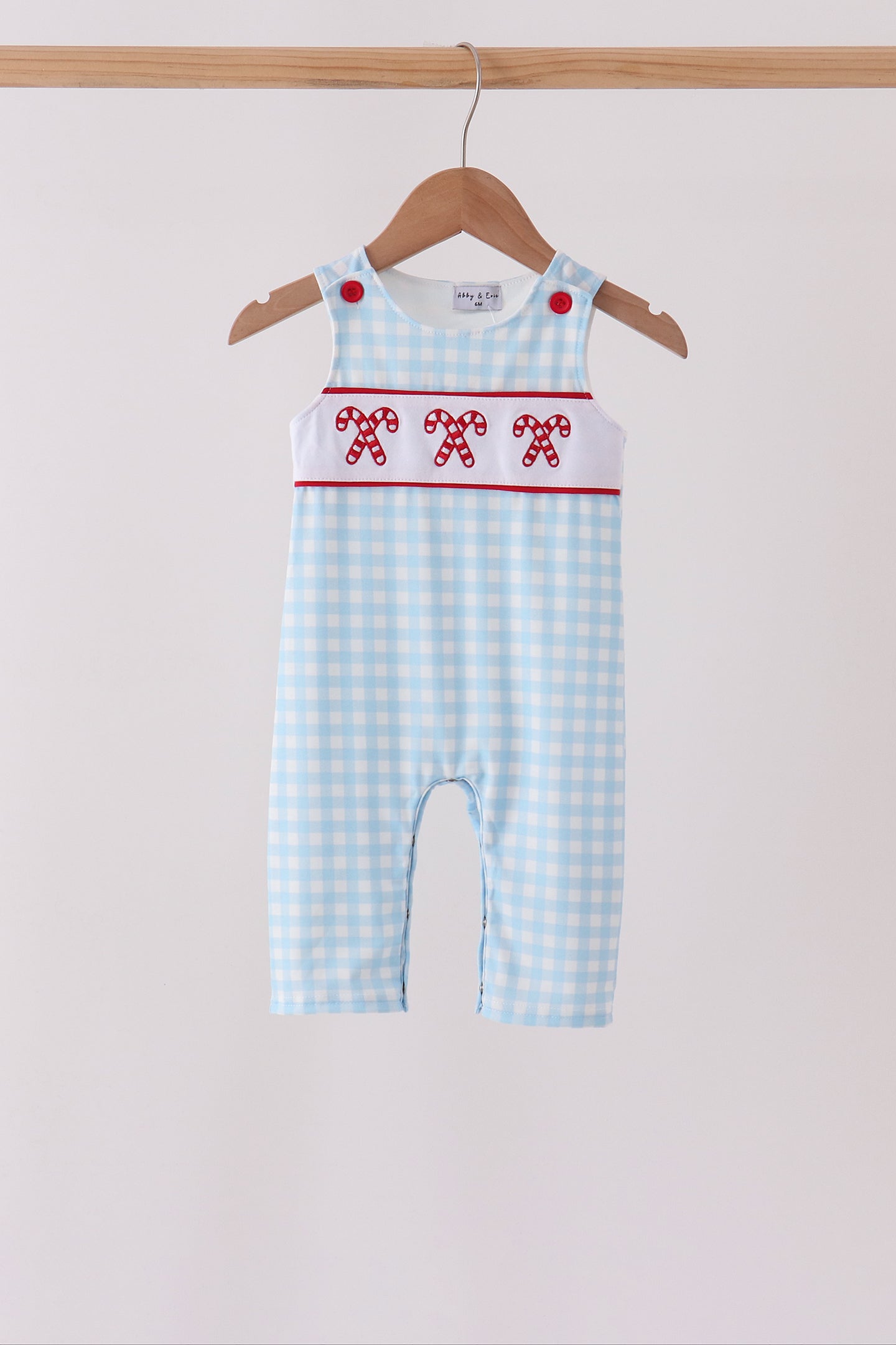 Blue Candy Cane Embroidery Gingham JonJon - Aaria Tees Aaria Tees