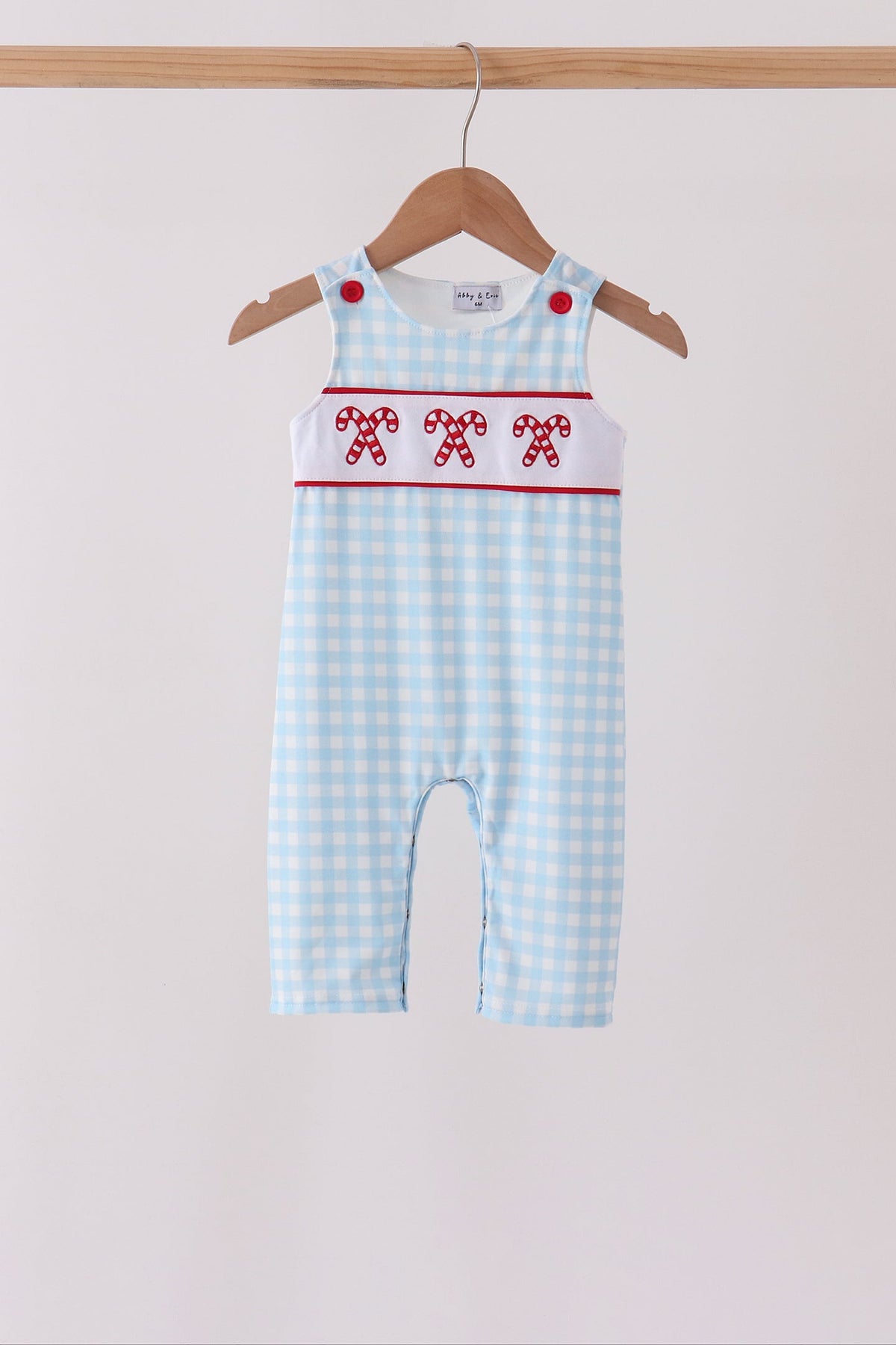 Blue Candy Cane Embroidery Gingham JonJon - Aaria Tees