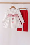White Candy Cane Smocked polka dot Ruffle Pants Set - Aaria Tees Aaria Tees