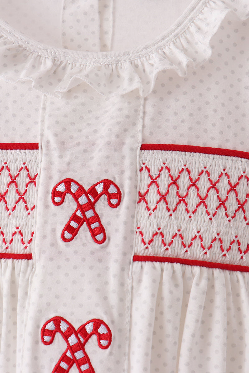 White Candy Cane Smocked polka dot Ruffle Pants Set - Aaria Tees Aaria Tees