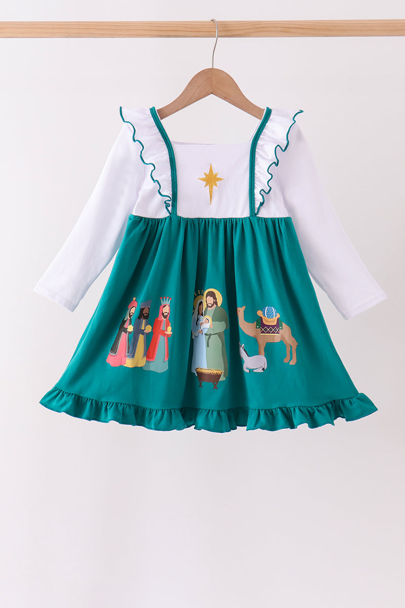 Forest Nativity Embroidery Ruffle Dress - Aaria Tees Aaria Tees