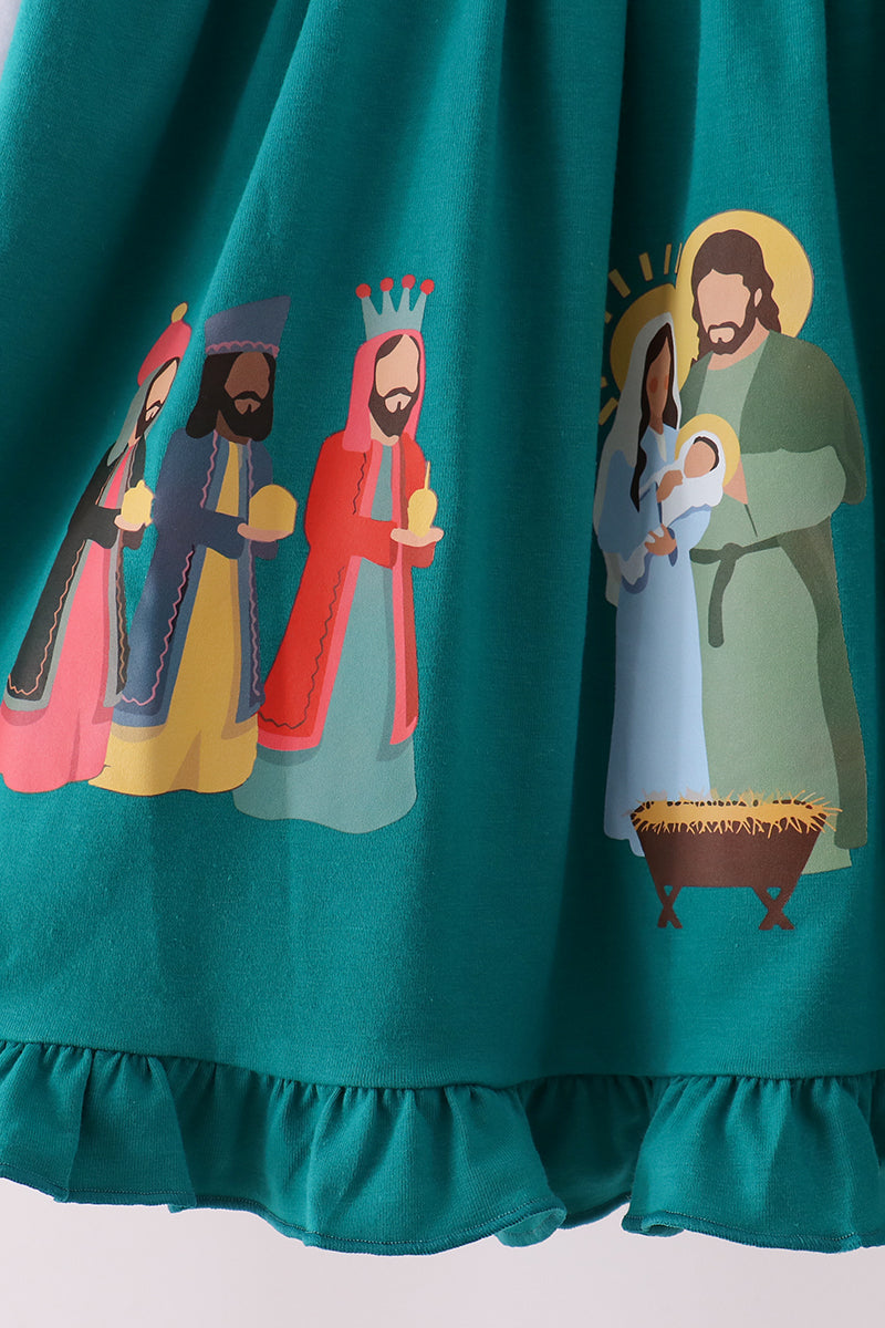Forest Nativity Embroidery Ruffle Dress - Aaria Tees Aaria Tees