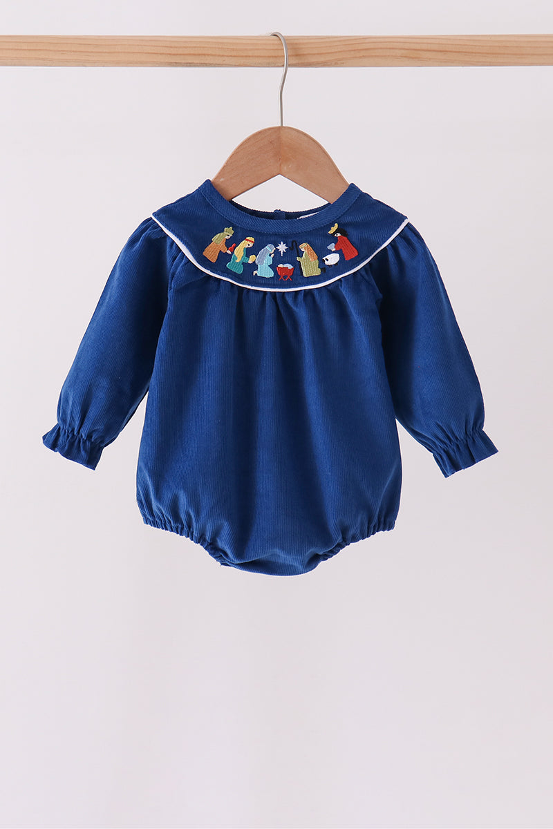 Blue corduroy Nativity Embroidery Bubble - Aaria Tees Aaria Tees