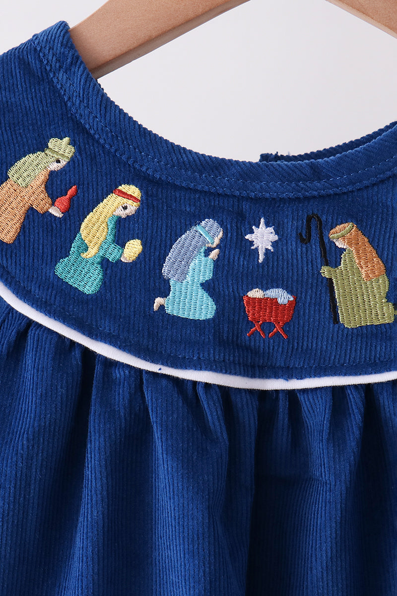 Blue corduroy Nativity Embroidery Bloomer Set - Aaria Tees Aaria Tees