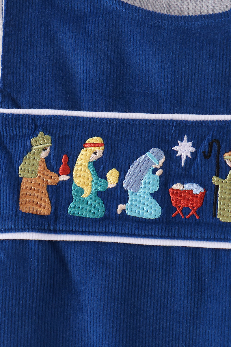Blue corduroy Nativity Embroidery Jon Jon - Aaria Tees Aaria Tees