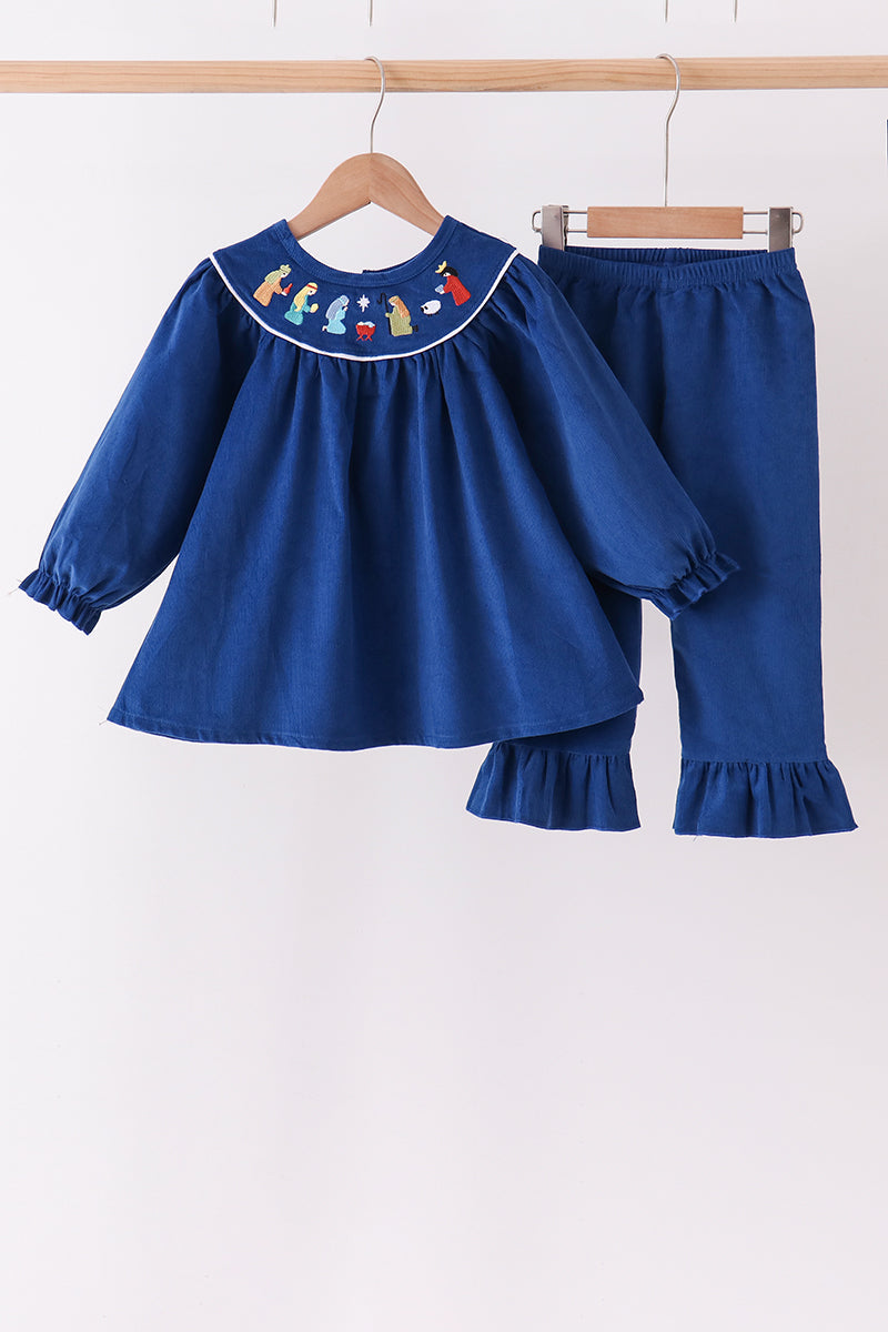Blue Nativity corduroy Embroidery Ruffle Pants Set - Aaria Tees