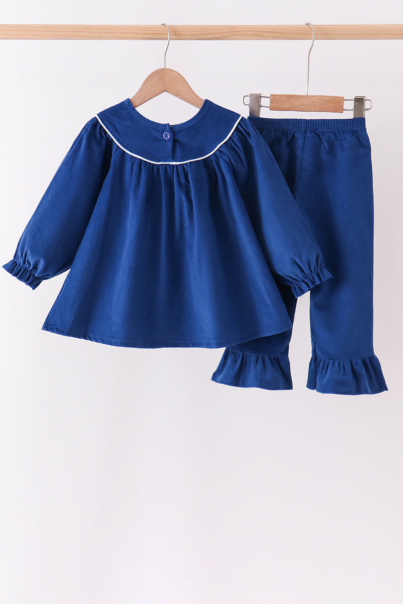 Blue Nativity corduroy Embroidery Ruffle Pants Set - Aaria Tees Aaria Tees