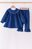 Blue Nativity corduroy Embroidery Ruffle Pants Set - Aaria Tees Aaria Tees