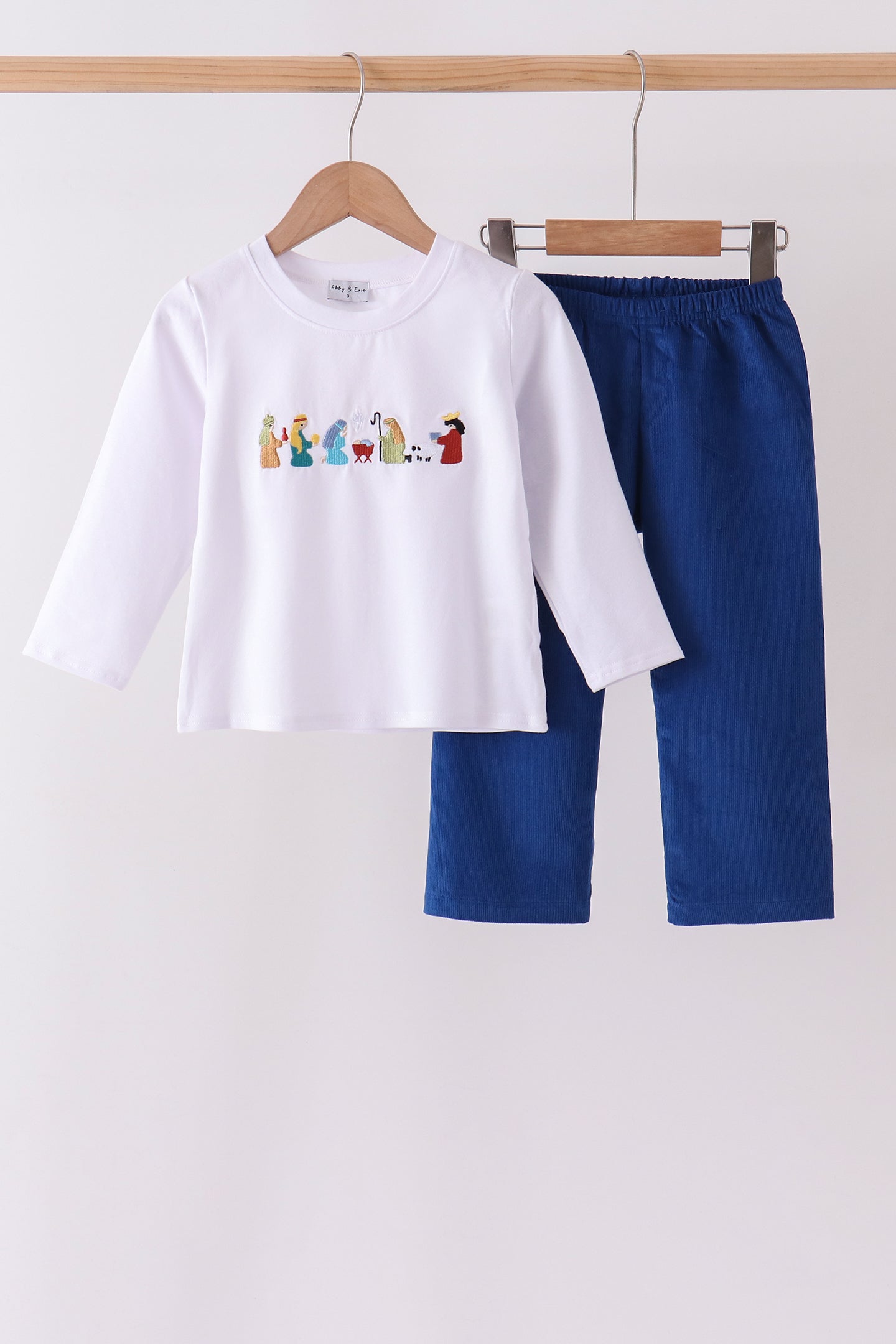 White Nativity corduroy Embroidery Pants Set - Aaria Tees Aaria Tees